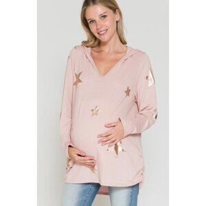 Maternity Star Print Hoodie Top In Pink With Metallic Accents Large